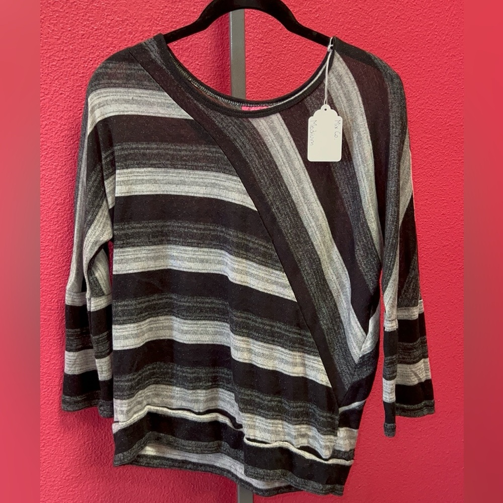 Women's Black and Gray Striped Wrap-Style Tunic Top